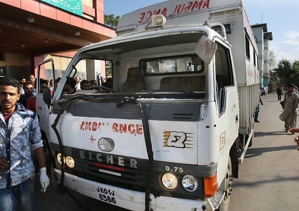 Ambulances damaged by forces which were carrying injured civilians from Pulwama to SMHS.